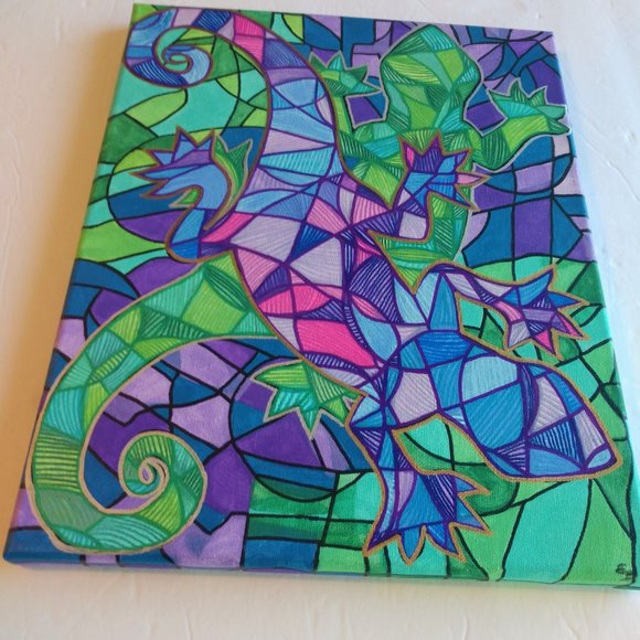 Abstract Style Painting Of Two Purple & Green Geckos Hand Painted 14x11 Canvas - Picture 9 of 16
